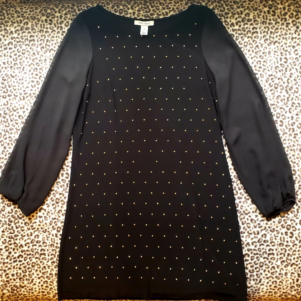 WHBM Black with Gold Accents Long Sleeve Chiffon Sleeve Standard Shift Dress, M